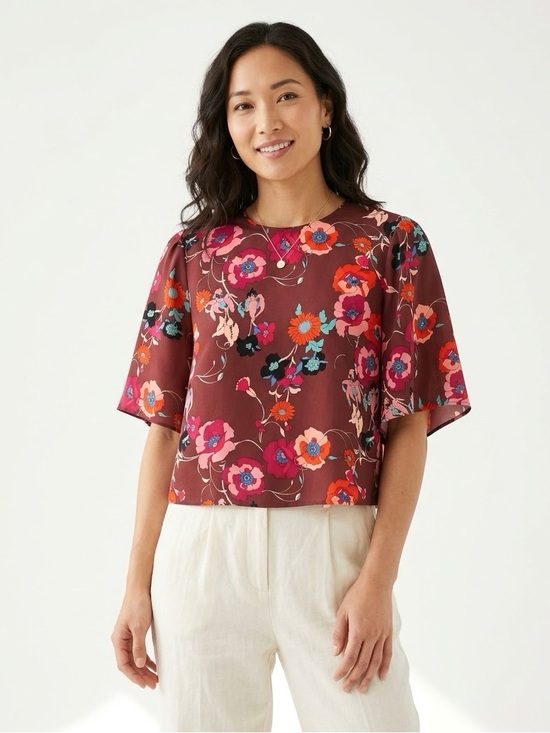 Wilfred Tops - Wilfred Aritzia Floralt Silk-Trim Cropped Flutter Sleeve Blouse - Size Small